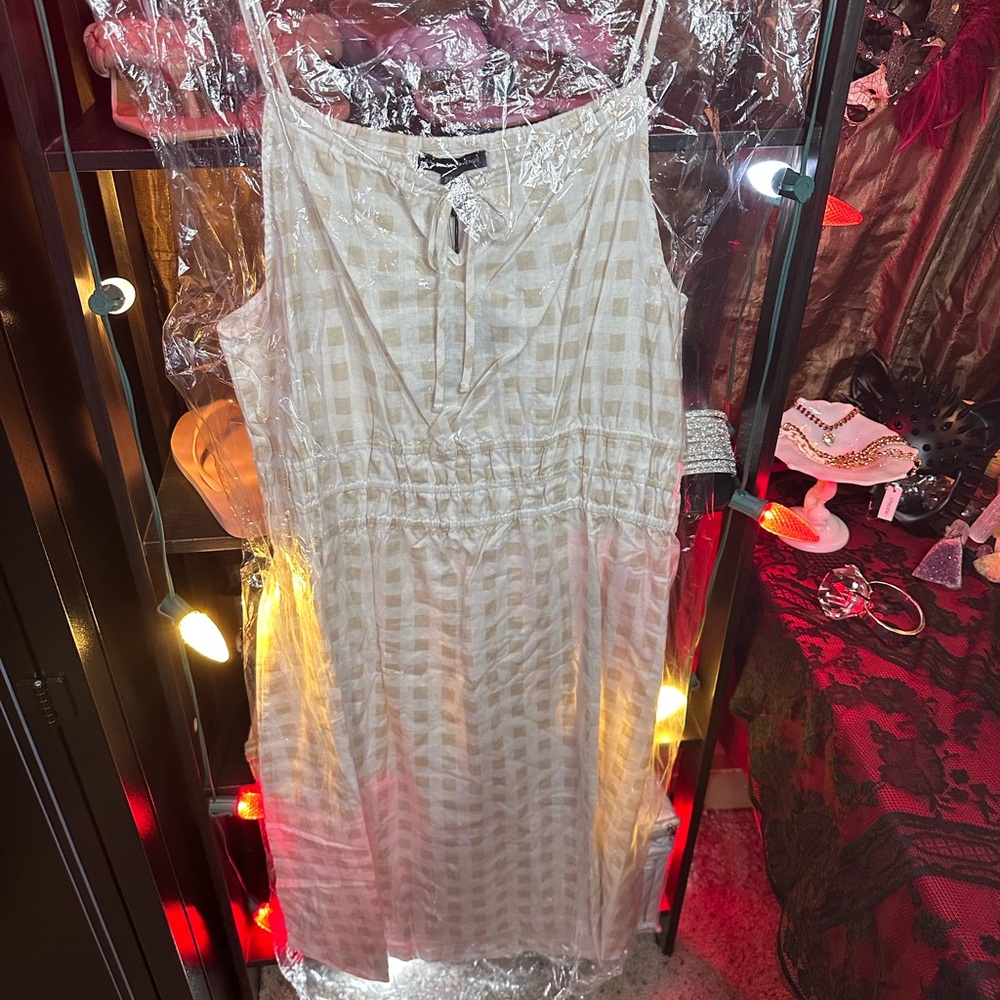 NWT XL Linen Saks Fifth Avenue Beige Checkered Dress